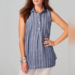 J.Jill Love Linen Striped 100% Linen Sleeveless Tunic Size M Tall Blue Beachy